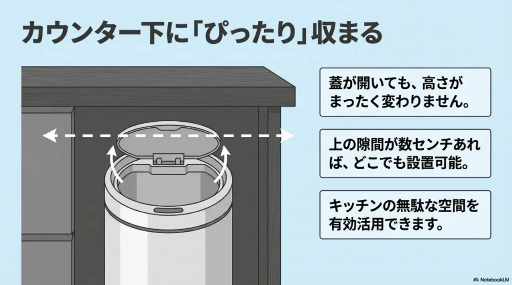 カウンター下にぴったり収まるZitA。蓋が開いても高さが変わらないため、数センチの隙間があれば設置可能なことを示すイメージ。