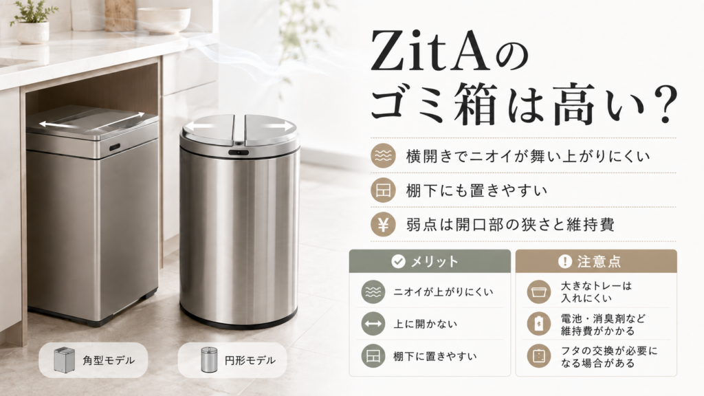 ZitAの横開きゴミ箱の特徴と、ニオイが舞い上がりにくいメリット、開口部の狭さや維持費などの注意点を示した比較画像