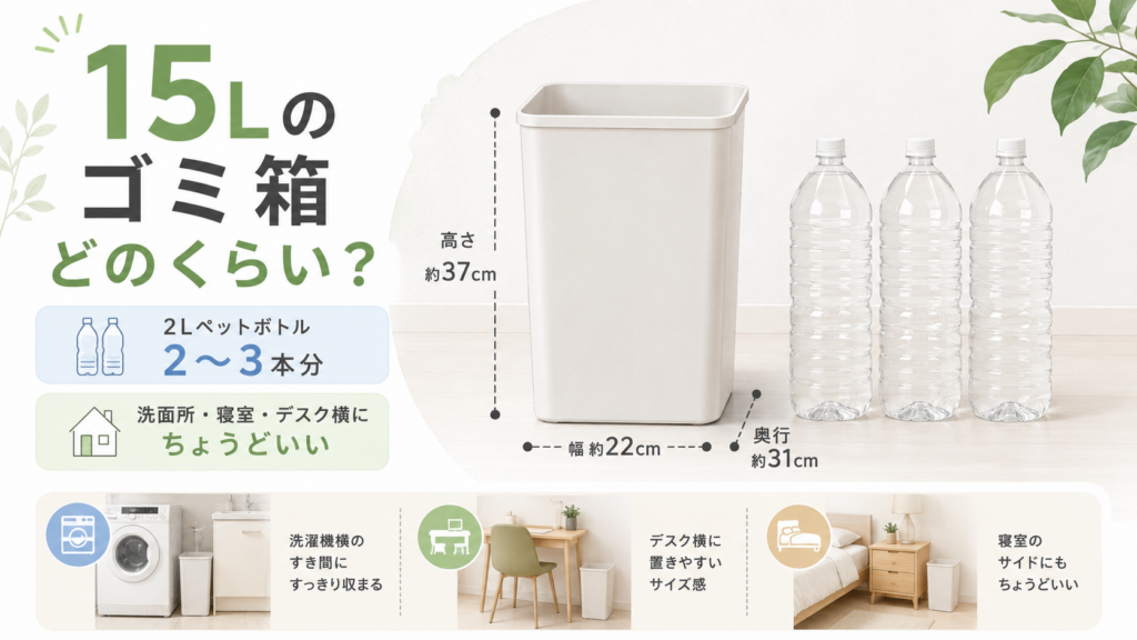 15Lゴミ箱の大きさを2Lペットボトル2〜3本と比較し、洗面所・寝室・デスク横に置きやすいサイズ感を示した画像