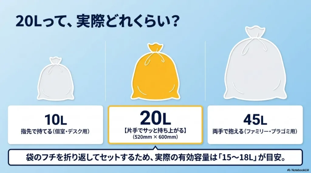 10L・20L・45Lの容量比較図。20Lは片手で持ち上げられるサイズで、有効容量は15〜18Lが目安。