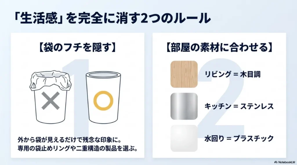おしゃれなゴミ箱選びのポイント。袋のフチを隠すことと部屋の素材感に合わせることが重要。