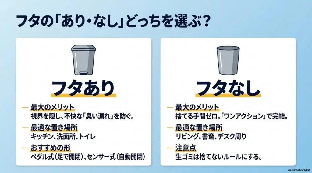 フタ付きとフタなしのゴミ箱比較。臭い対策ならフタ付き、手軽さ重視ならフタなしがおすすめ。