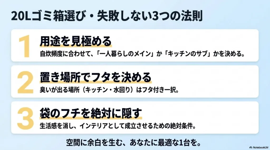20Lゴミ箱選びで失敗しない3つのポイント。用途、設置場所、袋の見せ方を整理したまとめ。