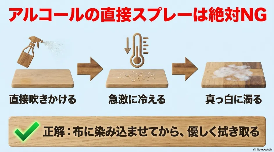 木製ゴミ箱へのアルコール直接スプレーによる白化現象の注意点と正しい拭き取り方