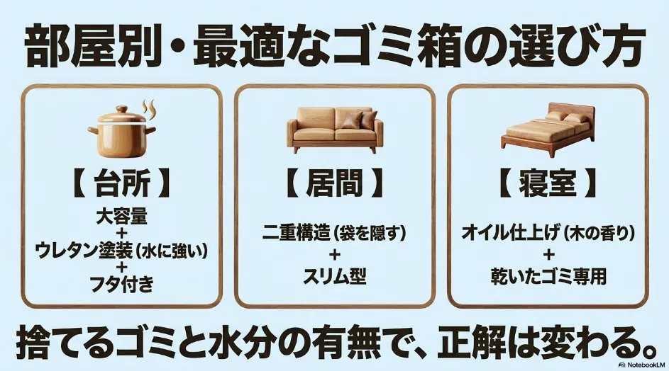 台所、居間、寝室など部屋別・用途に合わせた最適なゴミ箱の選び方