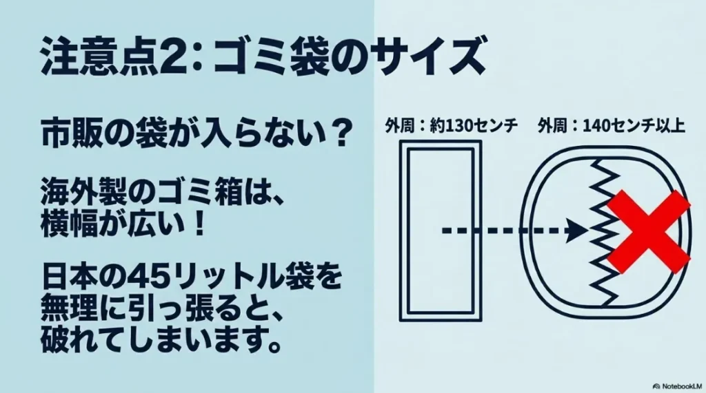 海外製ゴミ箱は横幅が広く日本の45リットルゴミ袋が入らない問題