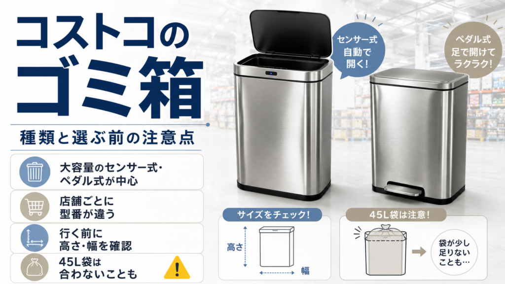 コストコのゴミ箱について、大容量のセンサー式とペダル式、店舗ごとの型番の違い、設置前の高さ・幅の確認、45L袋が合わない場合の注意点をまとめたアイキャッチ画像