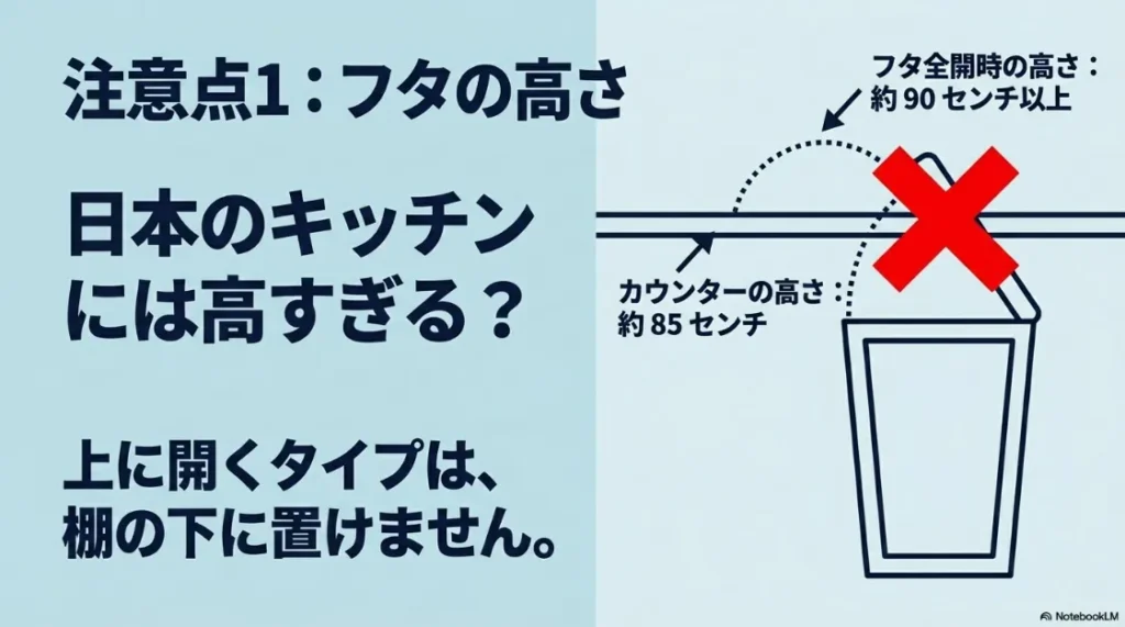 フタ全開時の高さが日本のキッチンカウンターには高すぎる問題