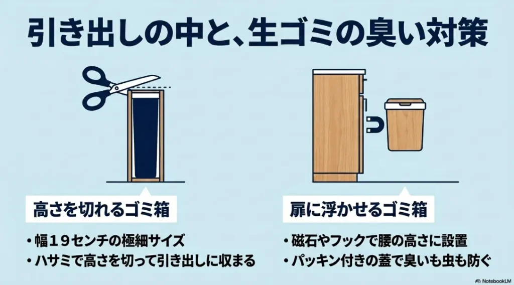 引き出しに合わせて高さをカットできるゴミ箱と、キッチンの扉に浮かせて設置できる生ゴミ用ゴミ箱