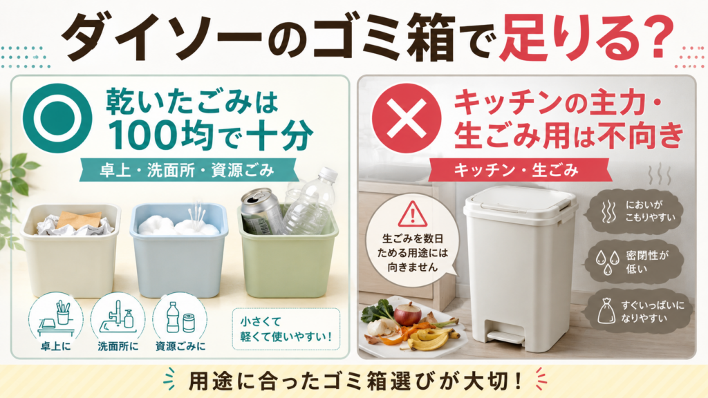 ダイソーのゴミ箱は乾いたごみなら100均で十分、生ごみをためるキッチン用には不向きと比較したアイキャッチ画像