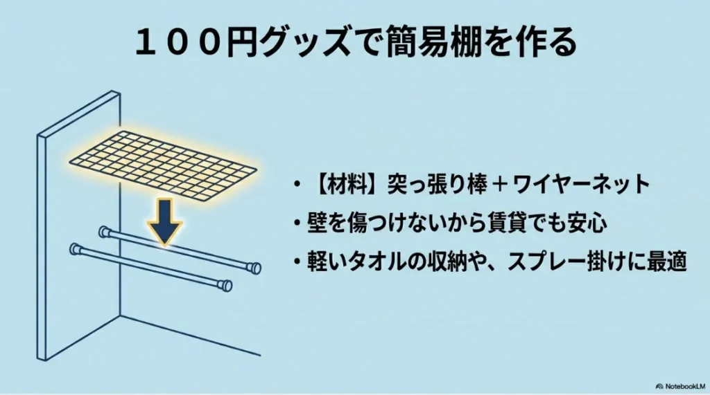 突っ張り棒とワイヤーネットを使ったDIY収納棚の作り方を図解したスライド。