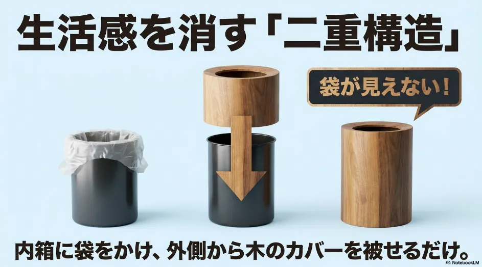 生活感を消す二重構造の仕組み。内箱に袋をかけ木のカバーを被せる構造