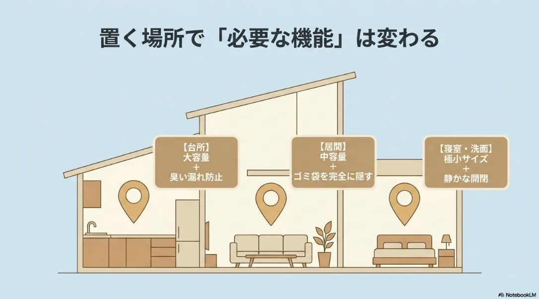 置く場所によって変わるゴミ箱の必要な機能