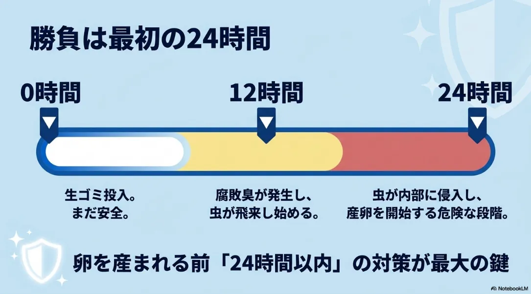 ゴミ箱に虫が湧くまでの24時間のタイムライン図
