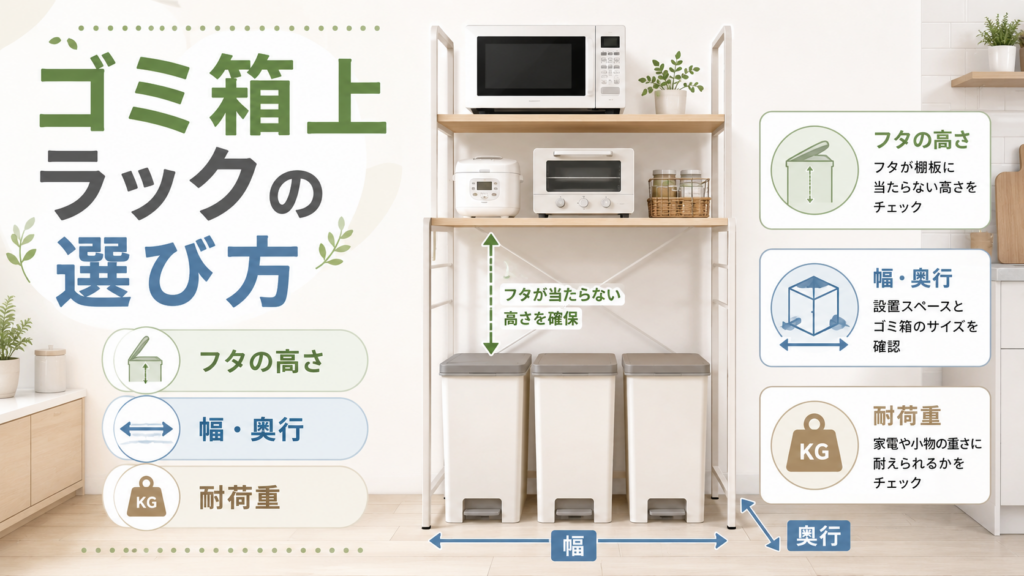 ゴミ箱上ラックの選び方として、フタの高さ・幅と奥行・耐荷重を確認するポイントを示したイメージ画像