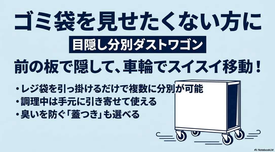 生活感を隠してキャスターでスムーズに移動できる「目隠し分別ダストワゴン」の特徴