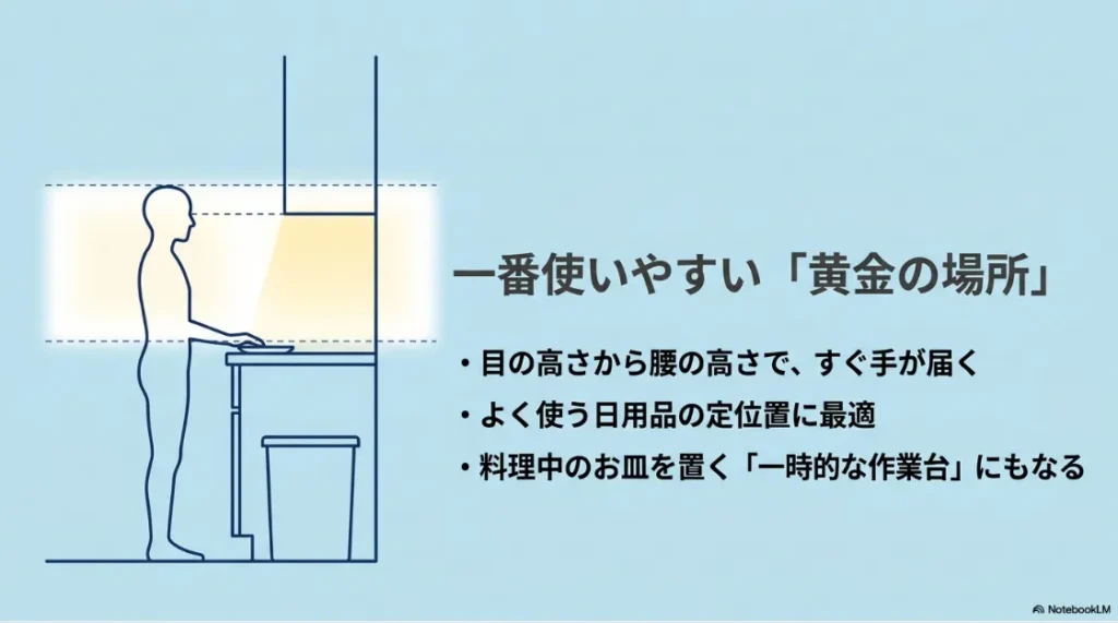 ゴミ箱上が目線から腰の高さにある使いやすい収納ゾーンであることを示したイラスト。