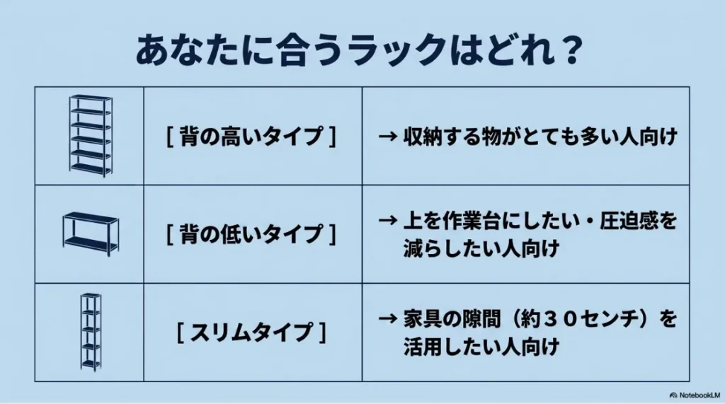 ハイタイプ・ロータイプ・スリムタイプのラックの特徴と向いている人を比較した図表。