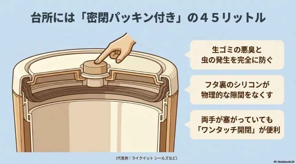 台所におすすめの密閉パッキン付き45リットルゴミ箱