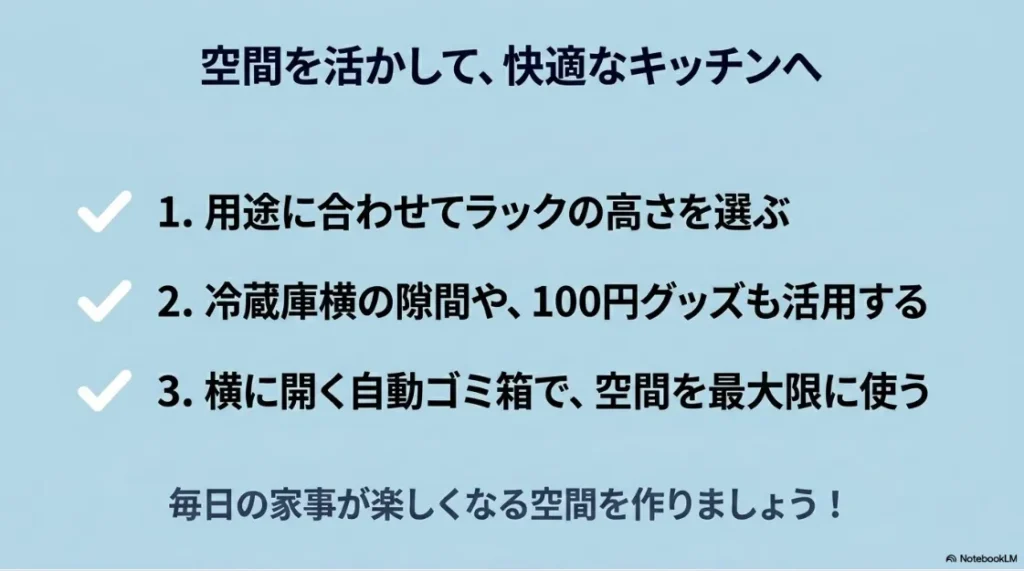 ゴミ箱上収納の活用ポイントを3つにまとめた総括スライド。