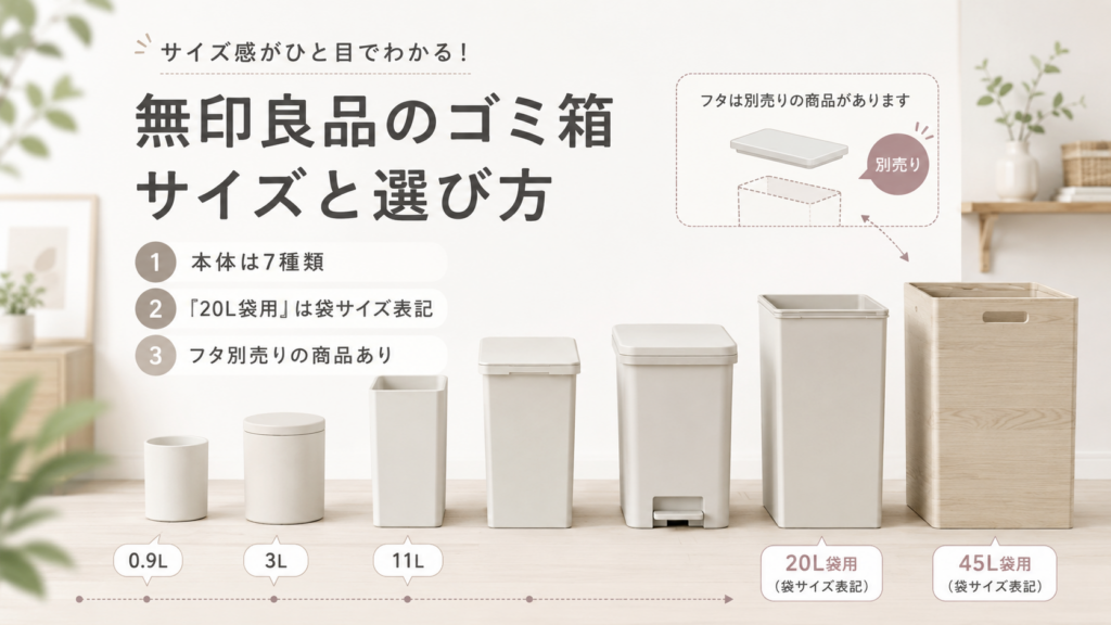 無印良品のゴミ箱を小型から大型まで並べ、0.9L・3L・11L・20L袋用・45L袋用のサイズ感とフタ別売りの注意点を比較した画像