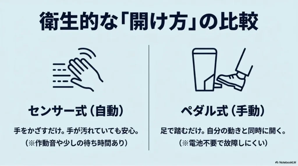 衛生的に使える自動センサー式と手動ペダル式のゴミ箱の比較