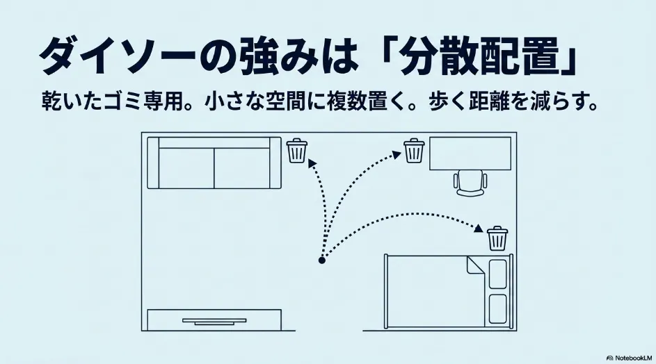 ダイソーのゴミ箱の強みである分散配置の解説図。乾いたゴミ専用として小さな空間に複数置き、歩行距離を減らすメリット