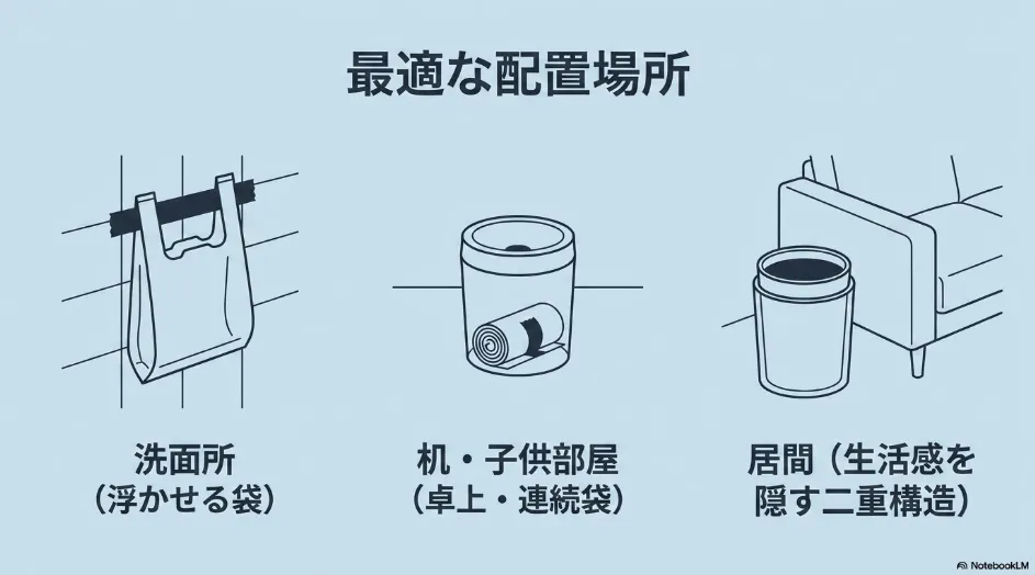 ダイソーゴミ箱の最適な配置場所の図解。洗面所は浮かせる袋、机や子供部屋は卓上・連続袋、居間は二重構造をおすすめ