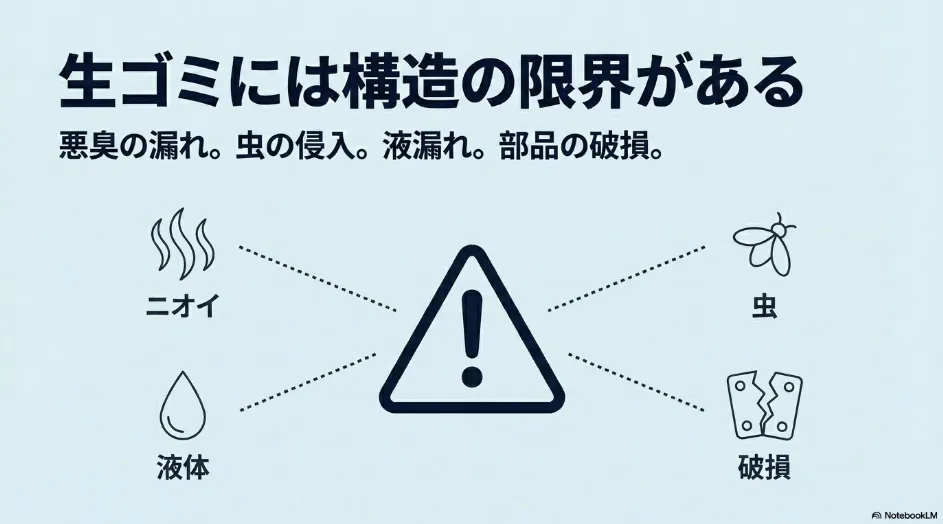 生ゴミ処理における安価なゴミ箱の構造的限界を示す警告図。ニオイ、液体、虫、破損のリスクを解説