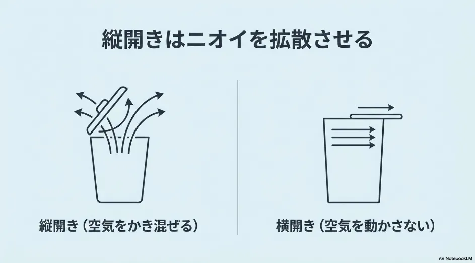 縦開きと横開きのゴミ箱における空気の流れの違い。縦開きは空気をかき混ぜるが、横開きは空気を動かさないことを示す図解