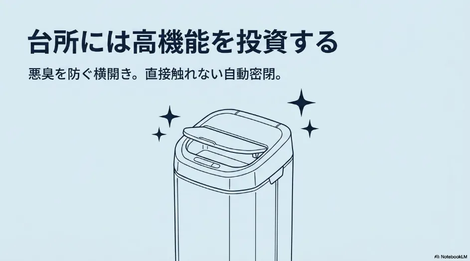 台所向けの高機能ゴミ箱のイラスト。悪臭を防ぐ横開きや、直接触れない自動密閉機能への投資を推奨