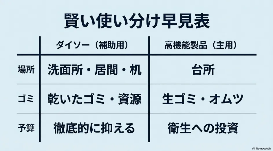 ダイソーと高機能製品の賢い使い分け早見表。場所、ゴミの種類、予算に応じた補助用と主用の比較