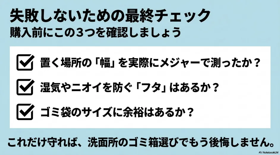 洗面所のゴミ箱選びで失敗しないための最終チェック。購入前に幅、フタ、ゴミ袋のサイズを確認