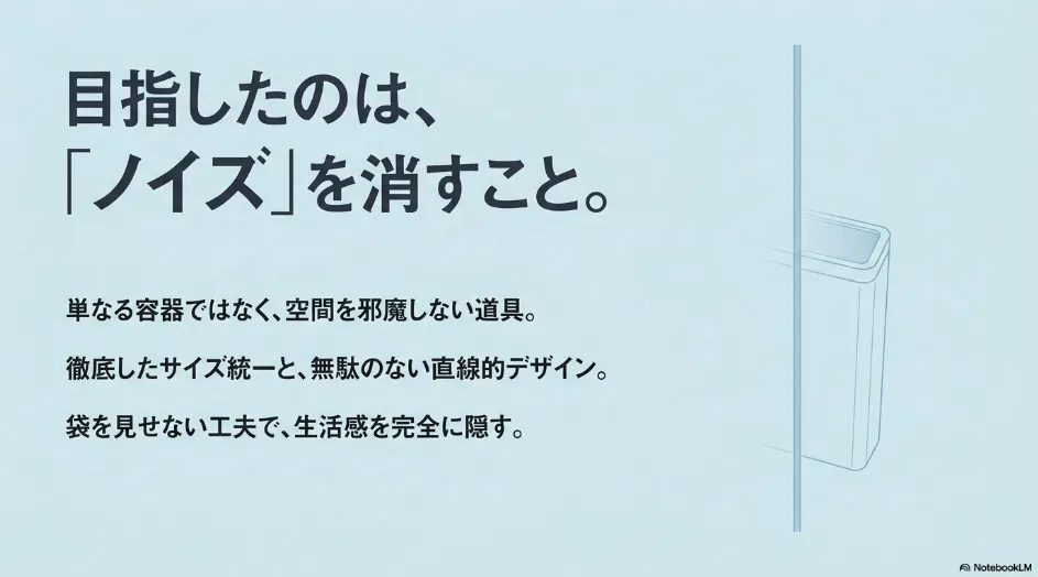 無印良品のゴミ箱のコンセプトである「ノイズを消すこと」と直線的デザインの解説