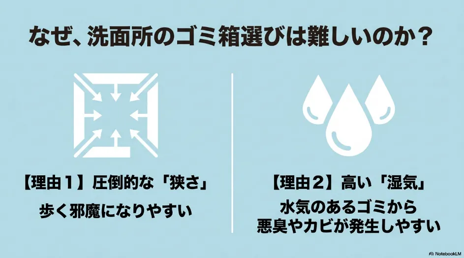 洗面所のゴミ箱選びが難しい理由。圧倒的な狭さと高い湿気が原因