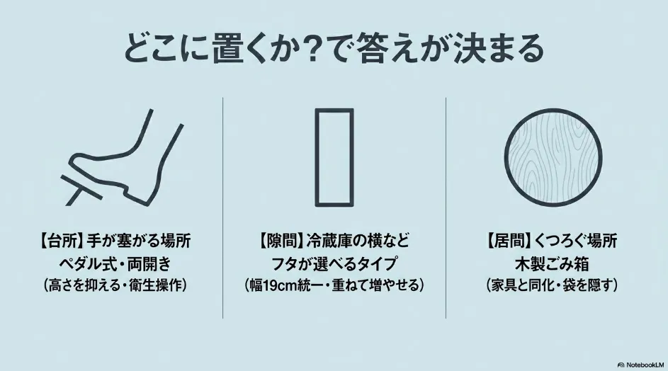 台所、隙間、居間など、置き場所に応じた無印良品のゴミ箱の選び方