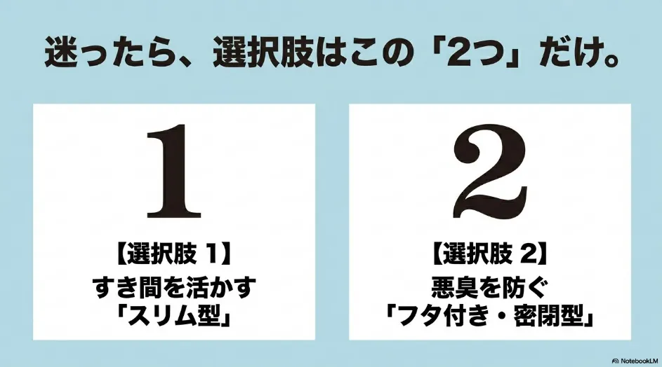 洗面所のゴミ箱選びの選択肢は2つ。すき間を活かすスリム型か、悪臭を防ぐフタ付き・密閉型