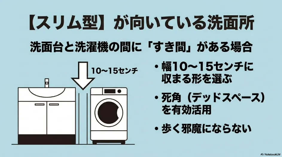 スリム型ゴミ箱が向いている洗面所。洗面台と洗濯機の間にある10〜15センチのすき間を活用