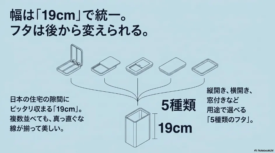 幅19cmで統一され、5種類から用途に合わせてフタが選べるダストボックスの特徴