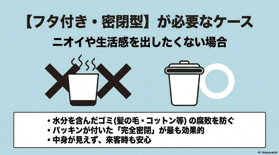 フタ付き・密閉型ゴミ箱が必要なケース。ニオイや生活感を出したくない場合に最適