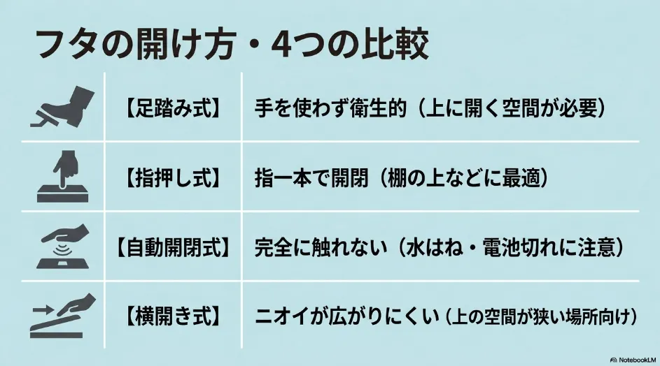 ゴミ箱のフタの開け方4つの比較。足踏み式、指押し式、自動開閉式、横開き式の違い