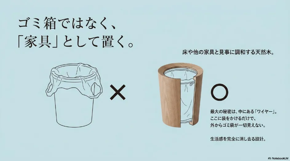家具のように空間に調和し、袋止めワイヤーで生活感を隠す木製ごみ箱