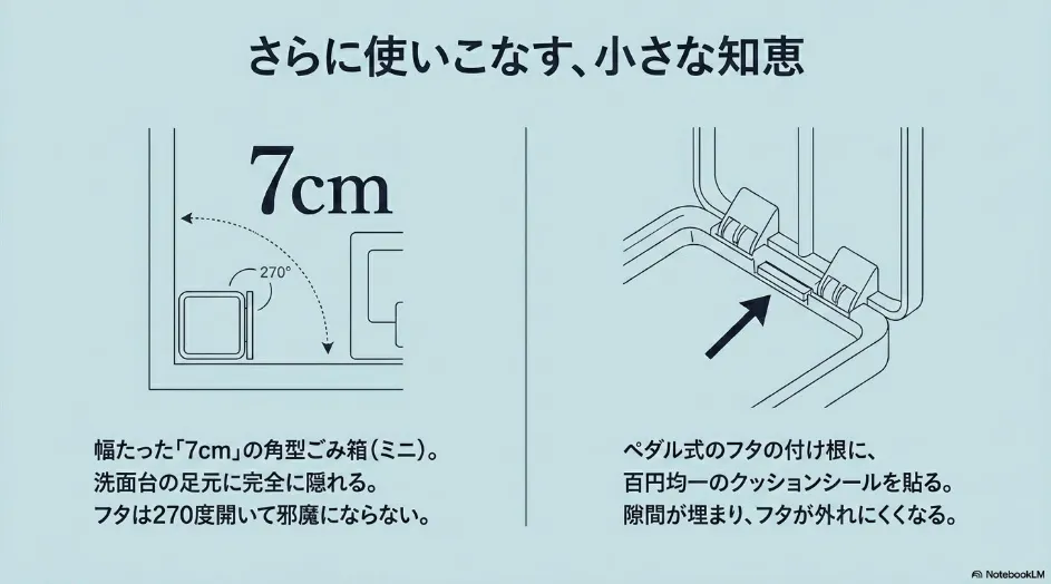 幅7cmで270度開く角型ごみ箱と、クッションシールを使ったペダル式のフタ補強の知恵