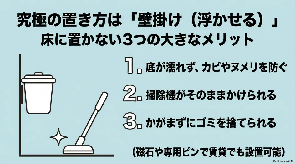 究極の置き方は壁掛けで浮かせること。床に置かないことでカビを防ぎ、掃除が楽になるメリット