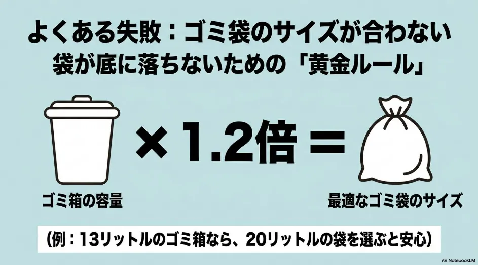 よくある失敗を防ぐゴミ袋のサイズの合わせ方。ゴミ箱の容量の1.2倍が最適なゴミ袋のサイズ