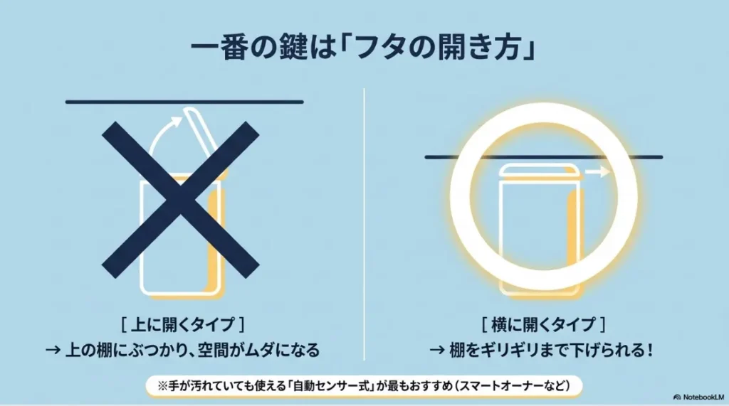 上開きゴミ箱と横開きゴミ箱の違いを比較し、ラック下収納との相性を解説したスライド。