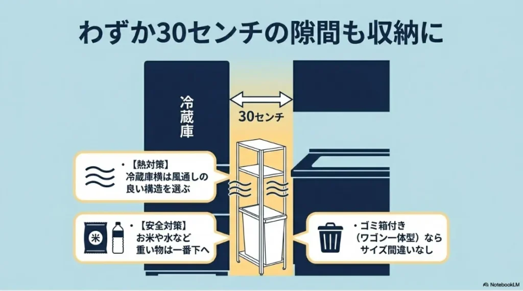 冷蔵庫横の約30cmの隙間を活用するスリムラックの活用例を紹介した図解。