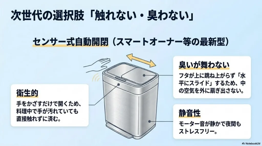 センサー式スマートゴミ箱の特徴。非接触で衛生的に使え、臭い拡散を抑えるスライド式構造を解説。