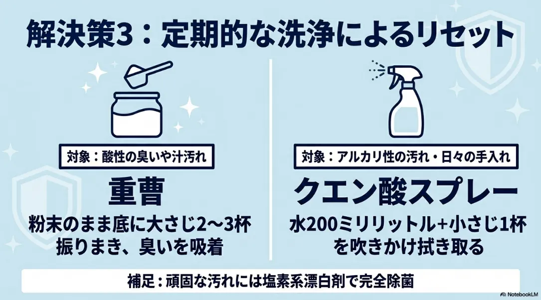 ゴミ箱の虫対策の解決策3である重曹やクエン酸を使った定期的な洗浄