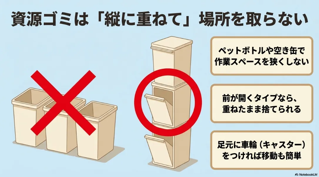 場所を取らない資源ゴミ用の縦積みスタッキングゴミ箱